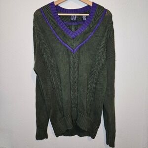 GAP Olive‎ Green Purple Trim Cable Knit V Neck Sweater